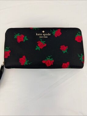 Kate Spade Madison Rose Toss Black Red Floral Large Zip Continental Wallet